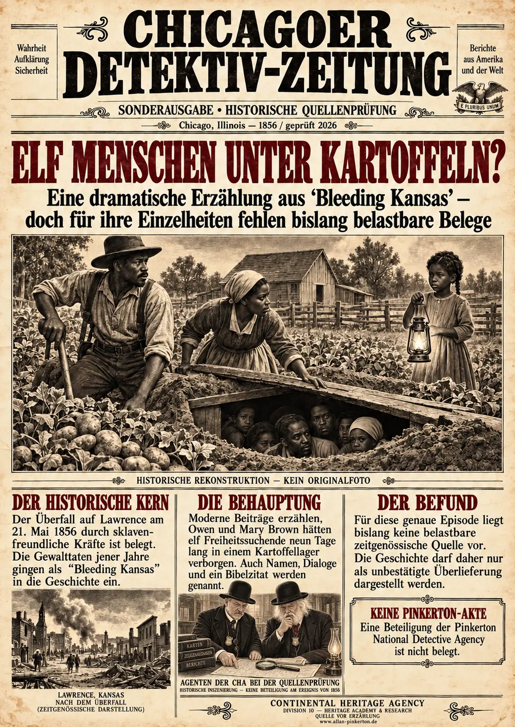 Historisch gestaltete Zeitungsseite zur D10-Quellenprüfung: Elf Menschen unter Kartoffeln?