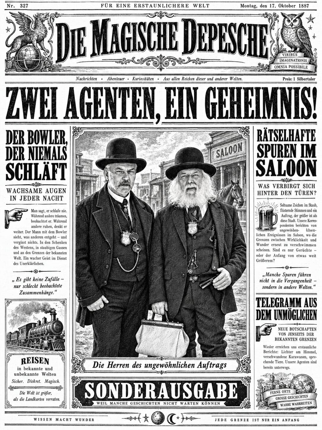 Schwarz-weiße Zeitungsinszenierung Die Magische Depesche mit zwei historisch gekleideten Agenten