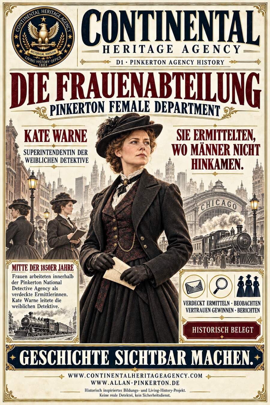 Historisch inspiriertes CHA-Poster zur Pinkerton-Frauenabteilung mit Kate Warne vor einer Chicagoer Bahnhofskulisse