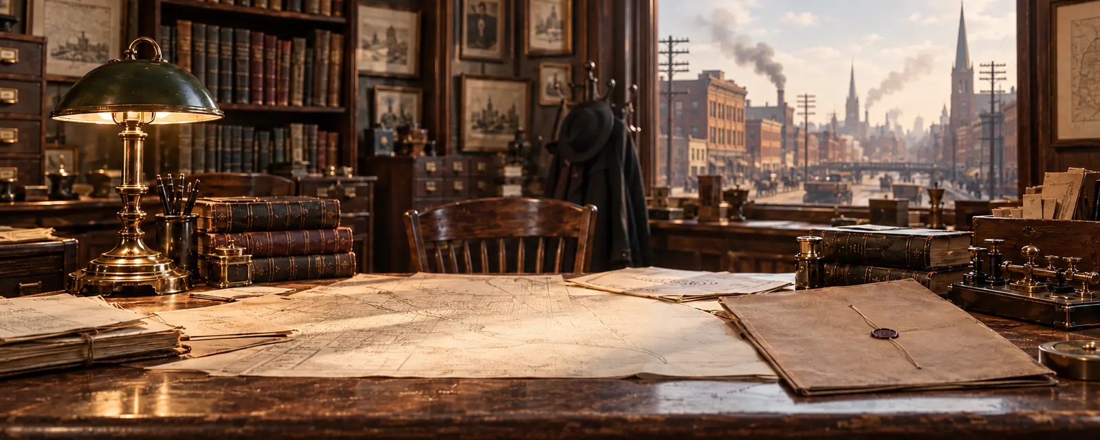 Inszeniertes Chicagoer Archivbüro des Jahres 1883 mit Schreibtisch, Karten und Telegraph